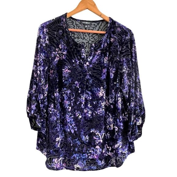 Roz and Ali Burnout Velvet Floral Top 1X Purple Popover Whimsigoth Dark Blouse - Picture 1 of 13
